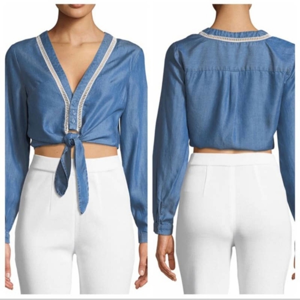 Lovers+Friends Denim Chambray Blue Tie-Front Crop Top Long Sleeve Size Small